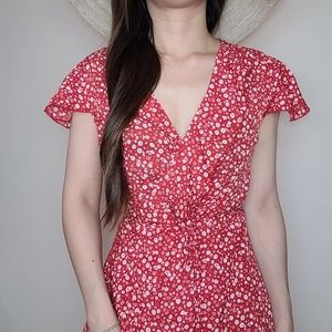 Floral V neck red dress